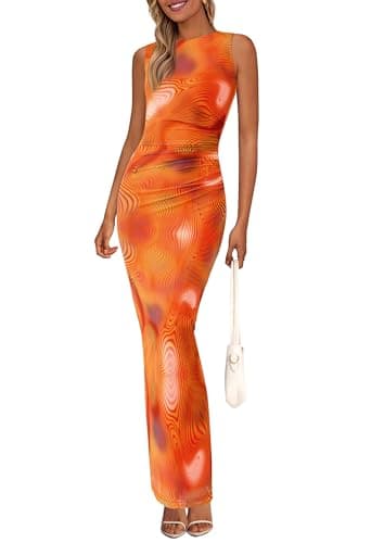 PRETTYGARDEN Wedding Guest Dresses for Women 2025 Summer Spring Floral Bodycon Sleeveless Mesh Maxi Long Dress(Print Orange,Medium) - Image 1