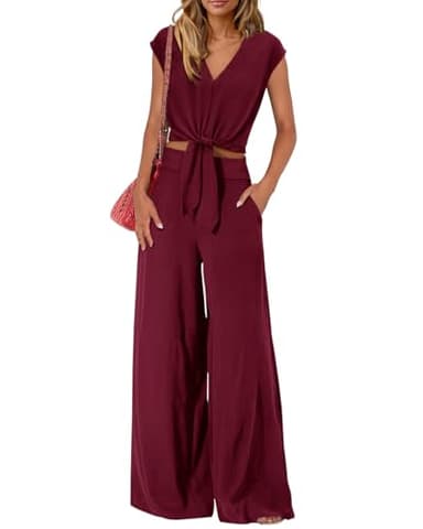 PRETTYGARDEN Women's Summer 2 Piece Outfits 2025 Cap Sleeve V Neck Belted Crop Tops Wide Leg Pant Sets Casual Tracksuit(Solid Dark Wine Red,Medium) - Image 1