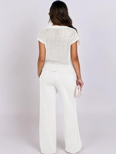 ANRABESS Women Two Piece Outfits Crochet Sheer Knit Sweater Top Wide Leg Pants Lounge Matching Sets Sweatsuit Travel Clothes White Large - Image 3