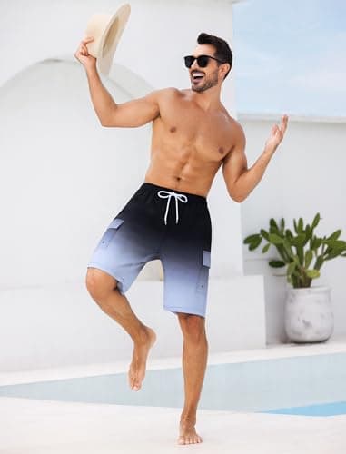 SILKWORLD Mens Swim Trunks 9" Swimming Shorts Quick-Dry Bathing Suits with Compression Liner and Cargo Pockets Gradient Black Grey Large - Image 4
