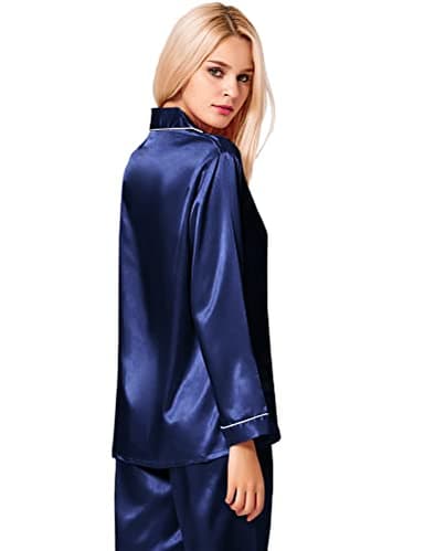 SWOMOG Womens Silk Satin Pajamas Long Sleeve Loungewear Two-piece Sleepwear Button-Down Pj Set Navy Blue - Image 5
