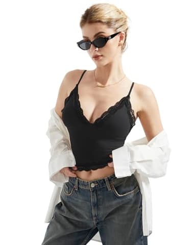 SUUKSESS Women Lace Trim Deep V Neck Tank Top Cami Sexy Sleeveless Y2K Going Out Tops (Black Lace,XS) - Image 5