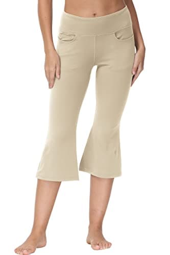 Cakulo Womens Capri Yoga Flare Pants Workout Athletic Active Summer Bootcut Capris Leggings Pockets Khaki M - Image 1