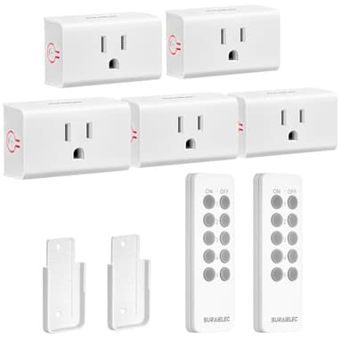 SURAIELEC Remote Control Outlet, Wireless Light Switch - 5 Outlets + 2 Remotes, 15 AMP, 100FT Range, No Interference, Remote Light Switch Kit for Lamp, Fan, Christmas Tree Light, Household Appliance - Image 1