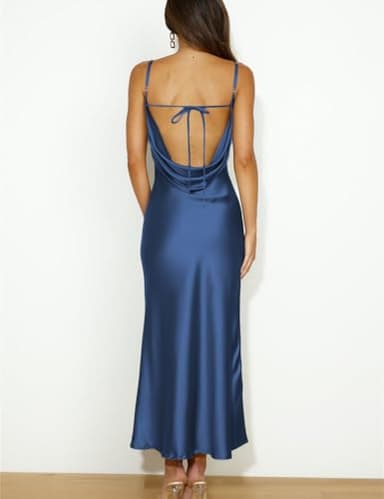 Mogidol Summer Satin Spaghetti Strap Cowl Neck Backless Midi Dresses for Women Elegant Tie Low Back Ruched Cocktail Dress Navy - Image 2