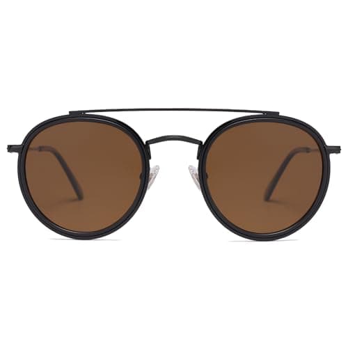 SOJOS Retro Vintage Round Polarized Sunglasses for Women Men Small Double Bridge Circle Sunnies SJ1104, Shiny Black/Brown - Image 1