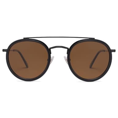 SOJOS Retro Vintage Round Polarized Sunglasses for Women Men Small Double Bridge Circle Sunnies SJ1104, Shiny Black/Brown - Image 1