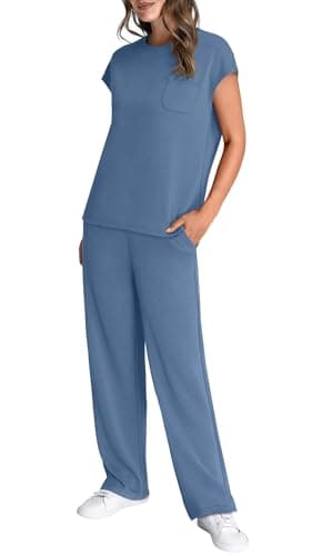 WIHOLL 2 Piece Sets for Women Summer 2025 Lounge Sets Country Concert Outfits Business Casual Matching Sets Women Clothing Wide Leg Pants Pajama Sets Conjuntos De 2 Piezas Para Mujer Blue XL - Image 4