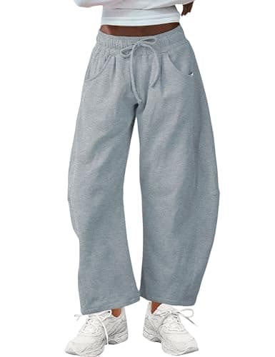SeekMe Women's Barrel Leg Sweatpant Drawstring Elastic Waisted Wide Leg Pants Casual Cotton Palazzo Trousers with Pockets (0009-Grey-XL) - Image 1