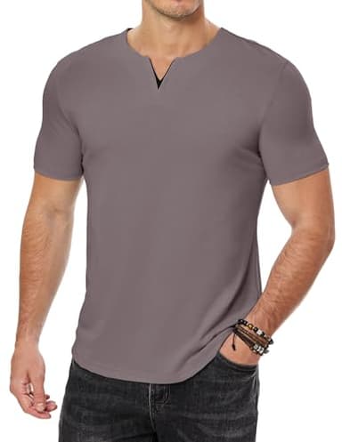 JMIERR Men's Muscle Slim Fit T-Shirt V Neck Black Henley Shirt Short Sleeve Gym Workout Athletic Fitted Tees Shirts for Men, L, Brown - Image 4