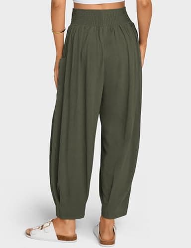 TARSE Women Linen Pants 2025 Summer Casual Loose Boho Wide Leg High Waisted Harem Pant with Pockets, ArmyGreen, L - Image 3