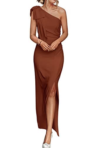 PRETTYGARDEN Women's Summer One Shoulder Long Formal Dresses Sleeveless Ruched Bodycon Cocktail Evening Slit Maxi Dress (Coffee,X-Large) - Image 1