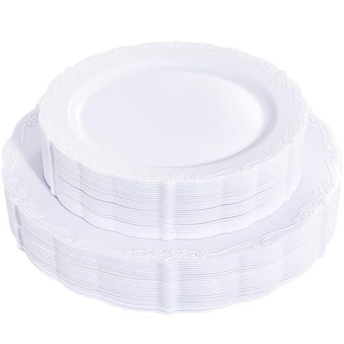 U-QE 60PCS White Plastic Plates for Party - High End Disposable Plates for Weddings - White Plates Disposable Heavy Duty Including 30PCS 10'' Dinner Plate & 30PCS 7.5'' Dessert Plate - Image 1