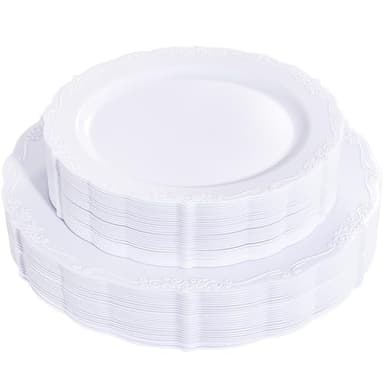 U-QE 60PCS White Plastic Plates for Party - High End Disposable Plates for Weddings - White Plates Disposable Heavy Duty Including 30PCS 10'' Dinner Plate & 30PCS 7.5'' Dessert Plate - Image 1