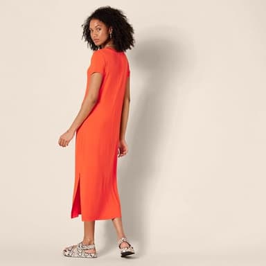 Amazon Essentials Women's Jersey V-Neck Short Sleeve Midi Length Dress, Coral Orange, Small - Image 3