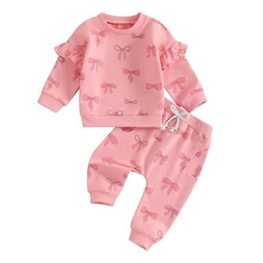 MERSARIPHY Toddler Baby Girl Outfits Cute 3D Flower Long Sleeve Sweatshirt Tops Pants Set 2Pcs Floral Fall Winter Clothes (Pink Bow-5, 0-6 Months) - Image 1