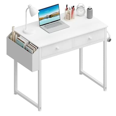 Lufeiya Small White Desk with Drawers - for Bedroom, 32 Inch Home Office Computer Desk with Fabric Storage Drawer and Bag, Study Writing Table for Small Spaces, White - Image 1