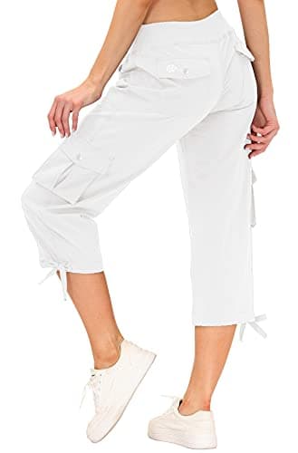 MoFiz Womes Cargo Hiking Capri Pants Lightweight Quick Dry Running Athletic Casual Outdoor Button Pockets Rice White L - Image 1