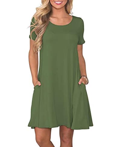 WNEEDU Women's Summer Casual T Shirt Dresses Short Sleeve Swing Dress with Pockets (L, Army Green) - Image 1