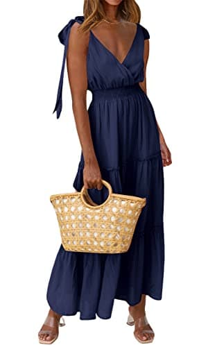 PRETTYGARDEN Women's Dress Spaghetti Strap Shoulder Knot Wrap Neck Summer Dresses Ruffle Hem Smocked High Waist Sleeveless Tiered Maxi Dress (Navy,Large) - Image 1