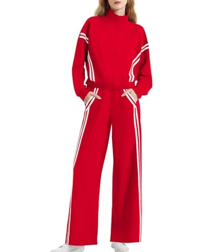 Casly Lamiit Women's Athletic Clothing Sets 2 Piece Lounge Outfits Track Sweatsuit 2-Stripes Sweatshirt Wide Leg Pants Airport Travel Activewear Red S - Image 1