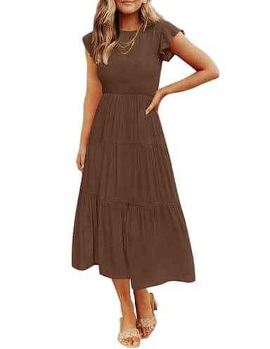 ZESICA Women's 2025 Summer Casual Flutter Short Sleeve Crew Neck Smocked Elastic Waist Tiered Midi Dress,Coffee,Medium - Image 1