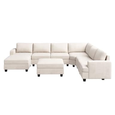 Nolany Sectional Couch with Storage Ottoman, U Shape Sectional Sofa with Chaise, Corduroy Modular Sectional Couches for Living Room, Beige - Image 9