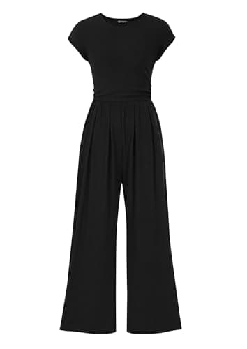 PRETTYGARDEN Summer Jumpsuits for Women Dressy 2025 Ribbed Cap Sleeve Wide Leg Pants Rompers Elegant Casual One Piece Outfits (Black,Medium) - Image 1