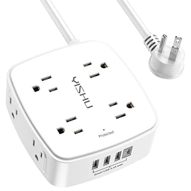 10 Ft Surge Protector Power Strip - YISHU 3 Side Outlet Extender with 8 Widely AC Outlets and 4 USB Ports, 10 Feet Extension Cord with Flat Plug, Wall Mount Desk USB Charging Station, ETL,White - Image 1