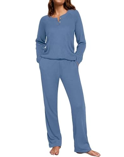 Ekouaer Waffle Knit Pajamas for Women Set Long Sleeve Pants Pj Henley Tops Lounge Sets Comfy Sleepwear with Pockets Blue XL - Image 1
