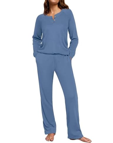 Ekouaer Waffle Knit Pajamas for Women Set Long Sleeve Pants Pj Henley Tops Lounge Sets Comfy Sleepwear with Pockets Blue XL - Image 1