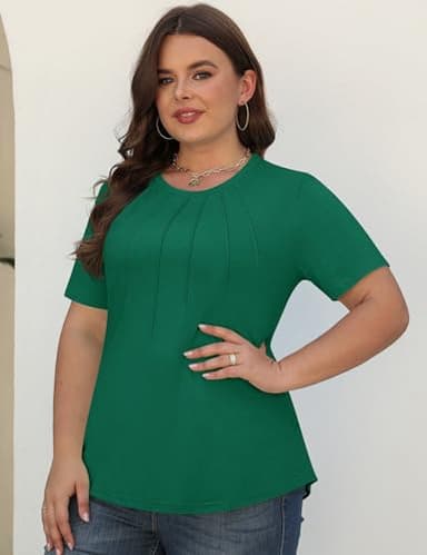 Kistore Women's Fashion Tops Plus Size Summer Round Neck Short Sleeve Shirts Pleated Loose Work Blouses Green 4XL - Image 6