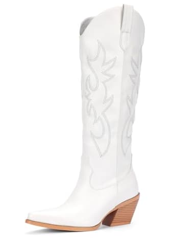 Pasuot White Cowboy Boots for Women - Wide Calf Cowgirl Knee High Western Boots with Side Zip and Embroidered, Pointed Toe Chunky Heel Retro Classic Tall Boot Pull On for Ladies Fall Winter Size 8.5 - Image 1
