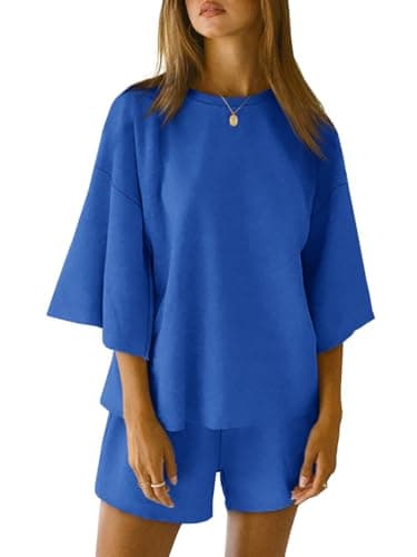 Tankaneo Womens Pajama Sets 3/4 Sleeve Oversized Tops and Elastic Waist Shorts Lounge Sets Loungewear Blue - Image 1
