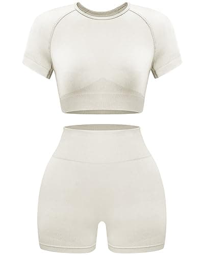 OLCHEE Womens Workout Sets 2 Piece - Seamless Acid Wash Yoga Outfits Leggings Shorts and Crop Top Matching Gym Activewear Athletic Clothing Set - White Small - 1 - Image 1