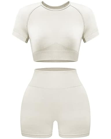 OLCHEE Womens Workout Sets 2 Piece - Seamless Acid Wash Yoga Outfits Leggings Shorts and Crop Top Matching Gym Activewear Athletic Clothing Set - White Small - 1 - Image 1