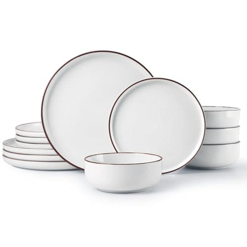 Famiware Mercury Plates and Bowls Sets, 12 Pieces Stoneware Dinnerware Sets, Dishes Set for 4, Microwave and Dishwasher Safe, White - Image 1