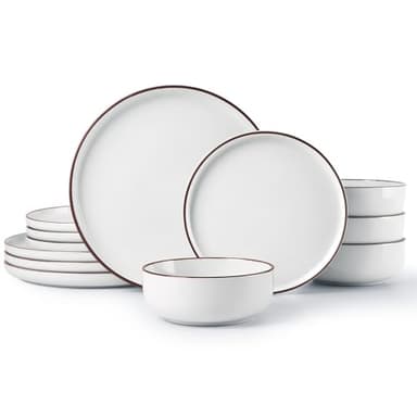 Famiware Mercury Plates and Bowls Sets, 12 Pieces Stoneware Dinnerware Sets, Dishes Set for 4, Microwave and Dishwasher Safe, White - Image 1
