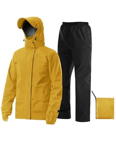 iCreek Rain Suit Waterproof Jacket with Pants 2 Pieces Breathable Lightweight Packable Raincoat with Hooded Rain Gear Unisex(M, Yellow) - Image 1