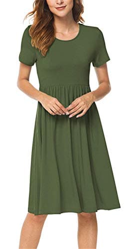 DB MOON Women Summer Casual Short Sleeve Dresses Empire Waist Dress with Pockets (Army Green, S) - Image 2