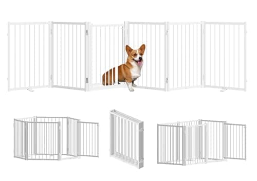 SNUOWU Full Metal Freestanding Dog Gate with Door, 24'' Height Foldable Pet Dog Fence for Indoor & Outdoor, 6 Panels Extra Wide Free Standing SmallDog Gates for Doorways,House,Stairs,Porch,Deck,Yard - Image 1