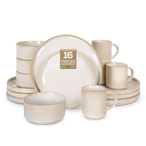 Romswi Dinnerware Set for 4, 16Pcs Stoneware Plates and Bowls Sets with Mugs, Chip & Scratch Resistant Dish Set, Handmade Reactive Glaze Plate Set, Oven,Microwave and Dishwasher Safe, Cappuccino White - Image 1