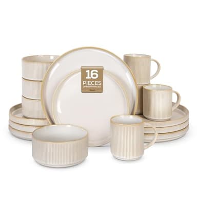 Romswi Dinnerware Set for 4, 16Pcs Stoneware Plates and Bowls Sets with Mugs, Chip & Scratch Resistant Dish Set, Handmade Reactive Glaze Plate Set, Oven,Microwave and Dishwasher Safe, Cappuccino White - Image 1