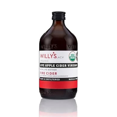 WILLY'S Organic Live Fire Cider with Mother - Apple Cider Vinegar with Horseradish, Garlic, Onion, Turmeric, Ginger, Honey and Cayenne Pepper. Probiotocs for Gut Health. 16.9oz Glass Bottle. - Image 1
