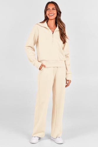 PRETTYGARDEN Women's 2 Piece Outfits Casual Lapel Half Zip Sweatshirts And Wide Leg Pants Tracksuit Sets (Beige,X-Small) - Image 7
