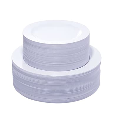 KIRE 120PCS White Plastic Plates - Heavy Duty White Disposable Plates for Party/Wedding - Include 60Pieces 10.25inch White Dinner Plates - 60Pieces 7.5inch White Dessert/Salad Plates - Image 1