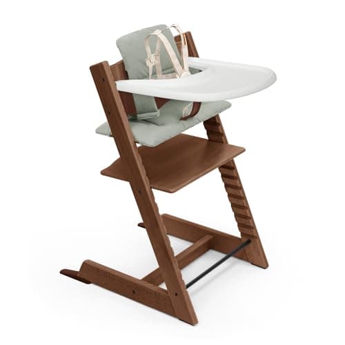 Stokke Tripp Trapp High Chair 2 (Warm Brown), Cushion 2 (Glacier Green) + Stokke Tray (White) - Includes Chair + Baby Set with Removable Harness for Children 6-36 Months - Image 1