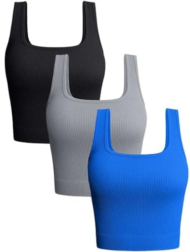 OQQ Women's 3 Piece Tank Tops Ribbed Seamless Workout Exercise Shirts 2025 Summer Basic Camis Black Grey Blue - Image 1