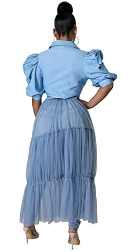 Ekaliy Women’s Plus Size Casual Tunic Tops Blouses Mesh See Through Shirts Dresses with Belt Club Party Outfit XXL Blue - Image 2