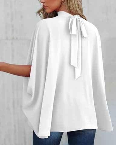 BTFBM Womens Summer Tops 2025 Fall Mock Neck Batwing Sleeve Shirts Loose High Low Hem Oversized Dressy Casual Blouses(White, Large) - Image 4